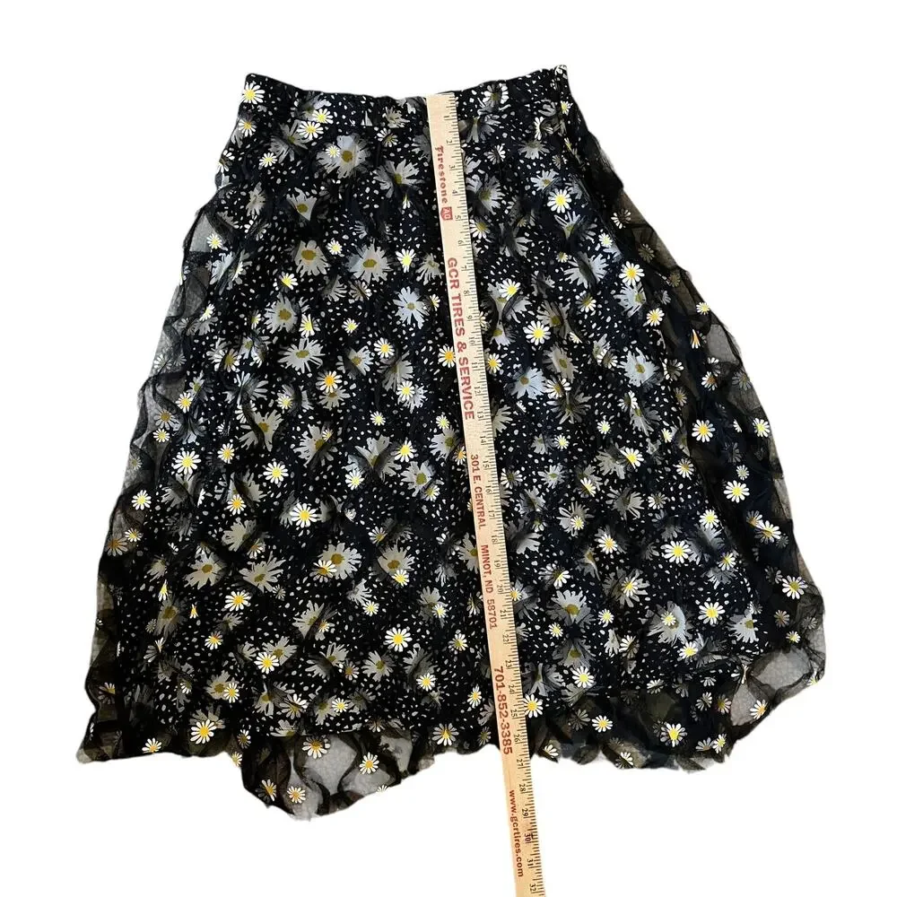 Eva Franco Midi Skirt Size 4 Tunisia Black Daisies Double Layer Overlay Tulle